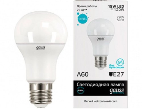 Лампа светодиодная Gauss Elementary А60 Груша E27 220В 15Вт 1450Лм 4100К 60х110мм фото Лампа светодиодная Gauss Elementary А60 Груша E27 220В 15Вт 1450Лм 4100К 60х110мм картинка